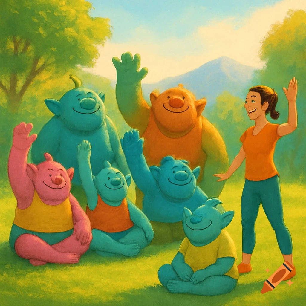 A smiling human woman and five colorful, friendly trolls wave in a lush green park with trees and mountains, in a semi-realistic style.