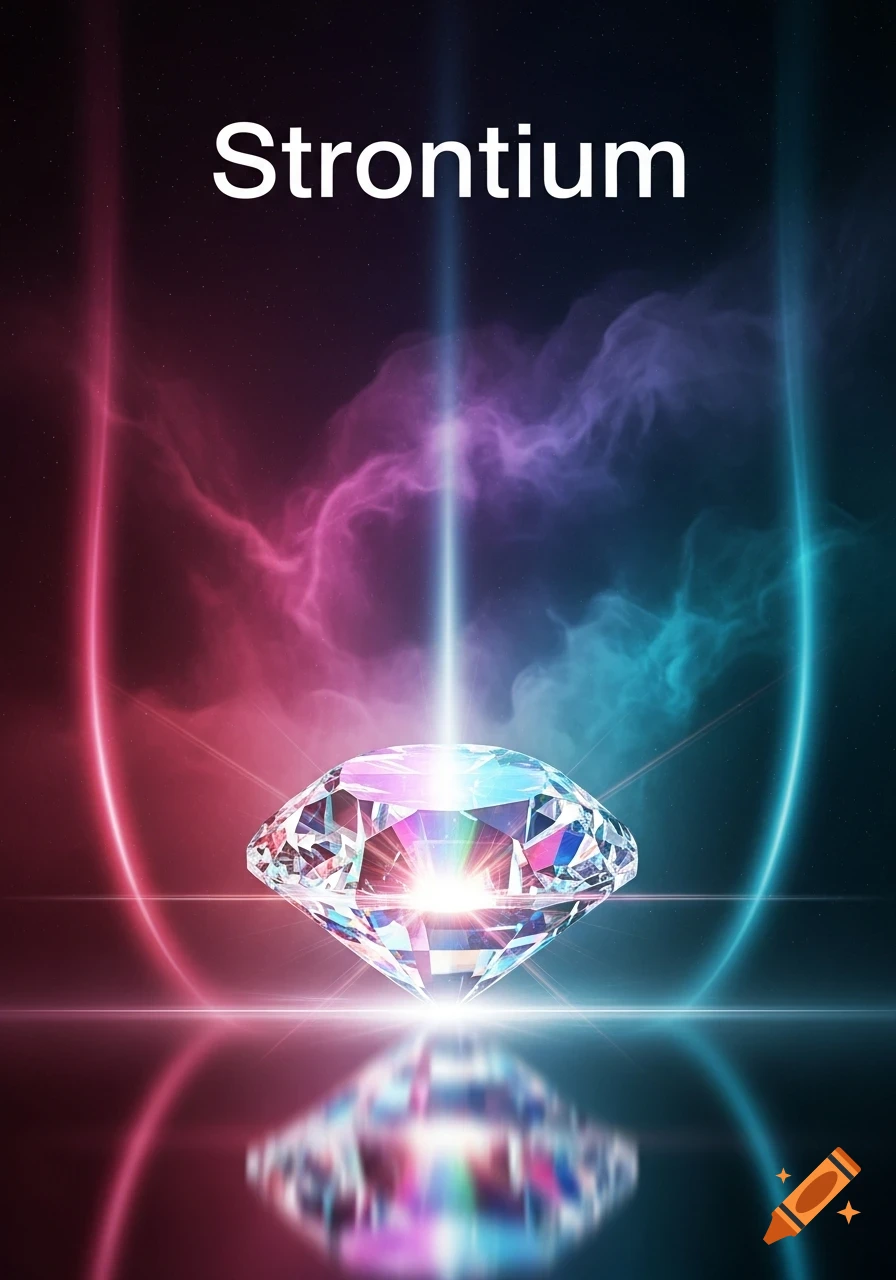 A glowing diamond centered on a dark background with pink and blue nebula, light beams, and the word 'Strontium' above it.