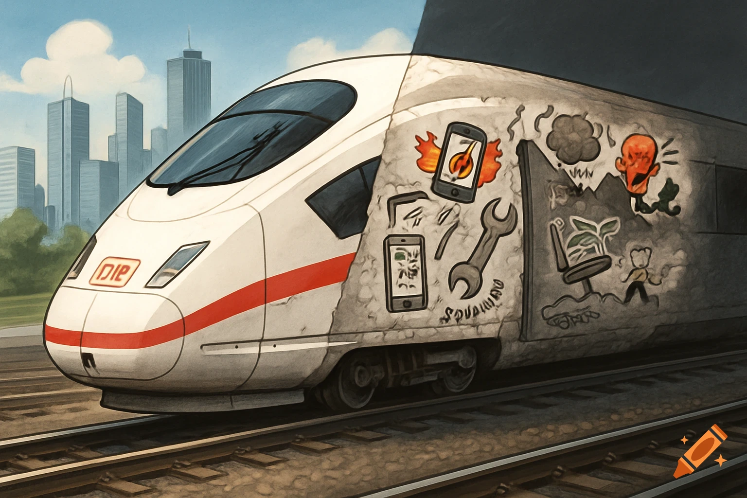 Cartoon of a modern white train, one side clean with a city skyline, the other covered in satirical graffiti depicting tech issues.