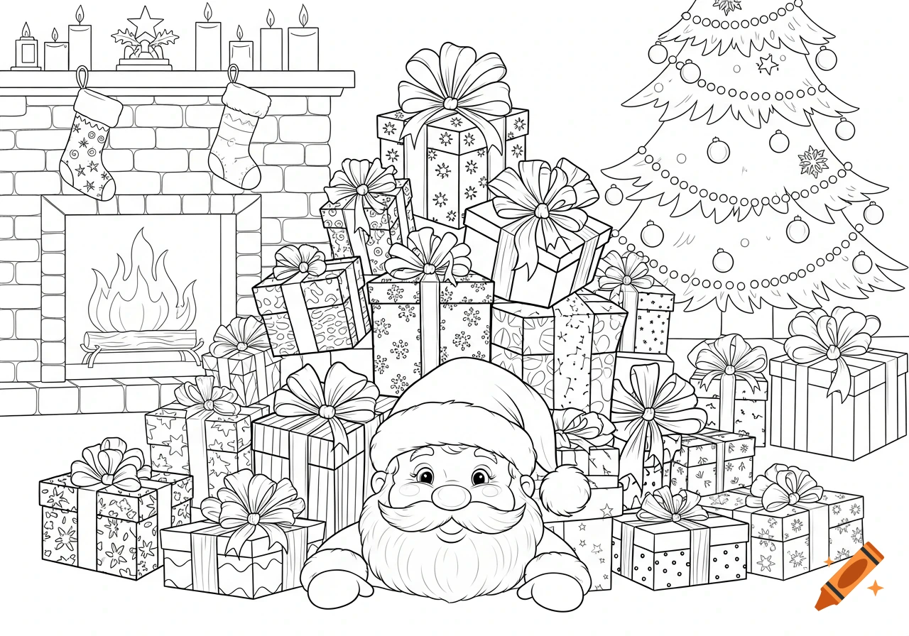 Black and white line art of Santa Claus peeking from a pile of Christmas gifts, with a fireplace and decorated tree.