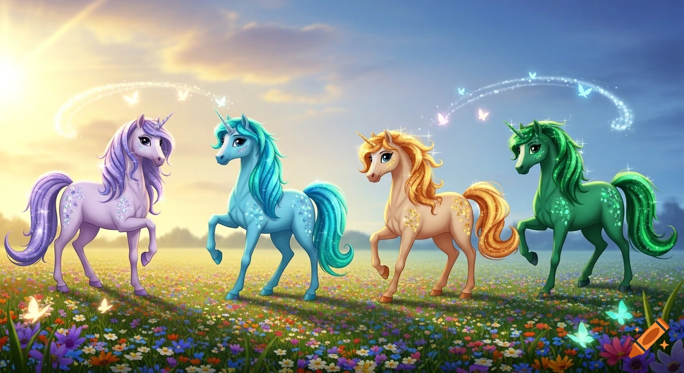 Four colorful cartoon unicorns with sparkling manes trot through a vibrant wildflower meadow under a gradient sky, with glowing butterflies.