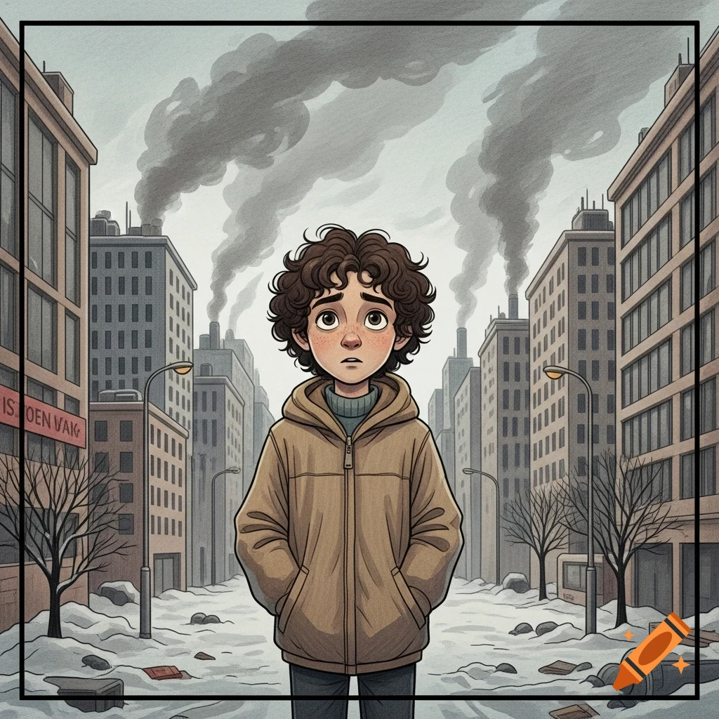 A sad, curly-haired boy in a warm jacket stands in a polluted, snowy city street with buildings emitting smoke under a gray sky, in an animated style.