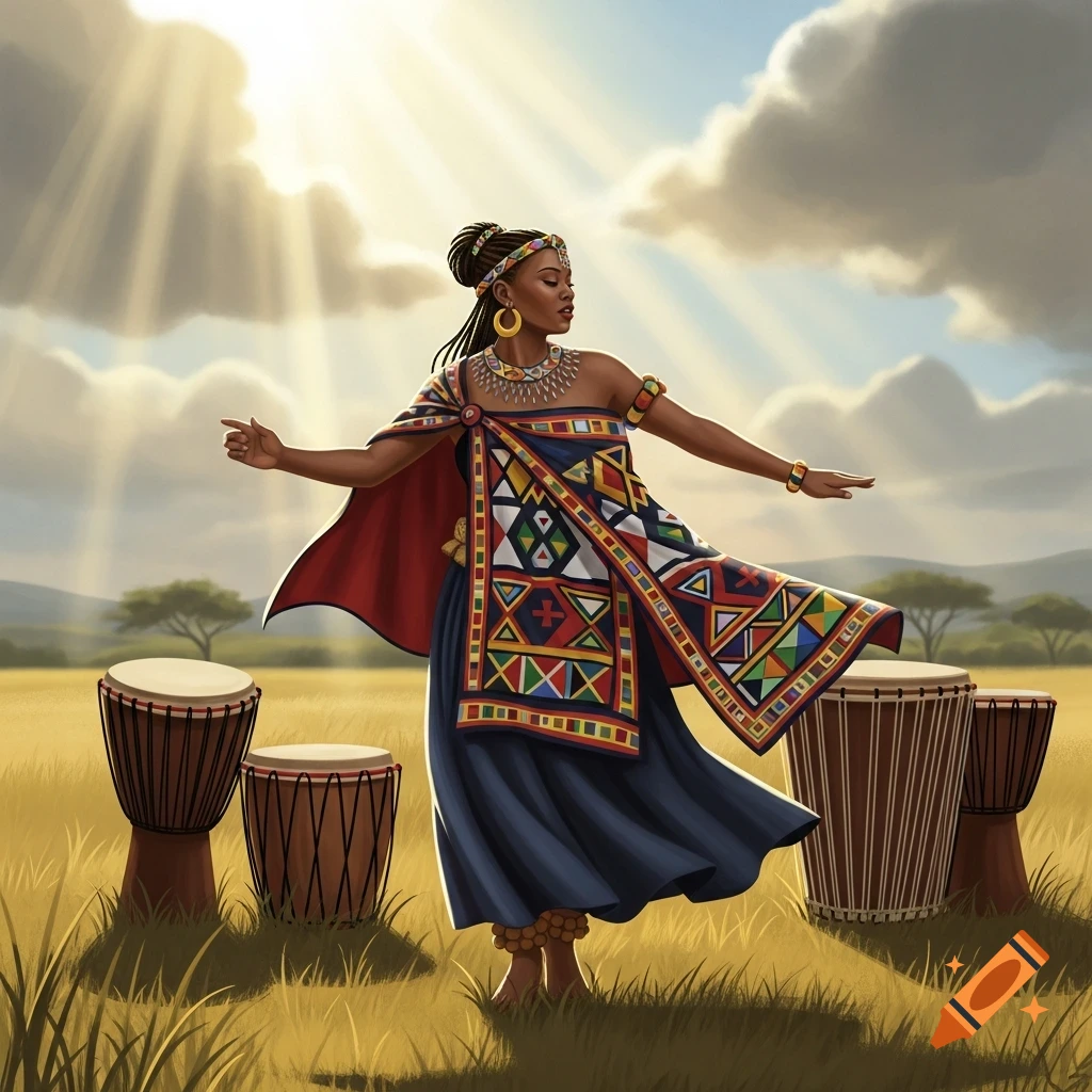 Illustration of a woman in colorful traditional African attire dancing in a sunny savanna with drums.