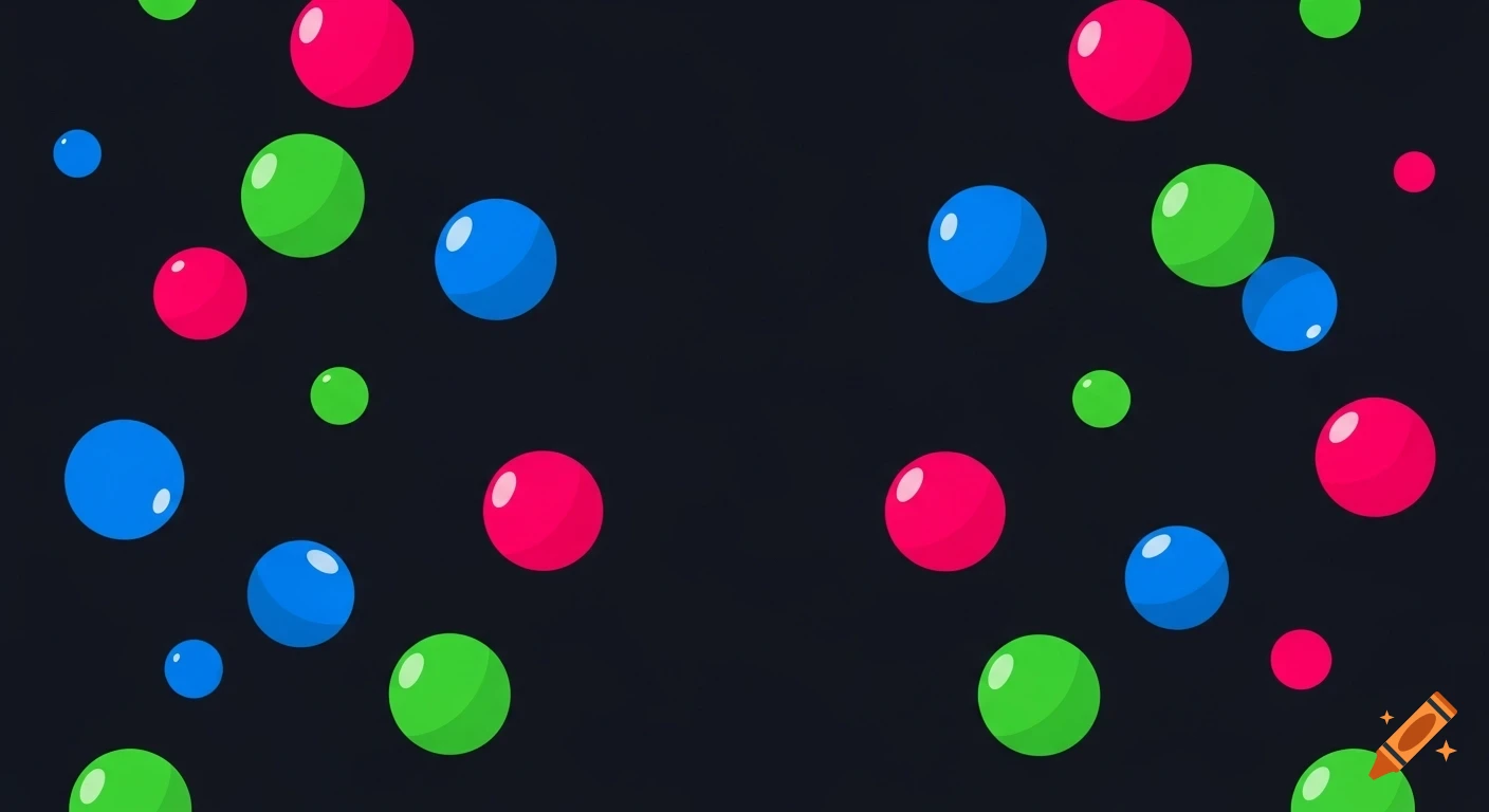 A dark background with a repeating pattern of various sized red, green, and blue spheres with highlights.