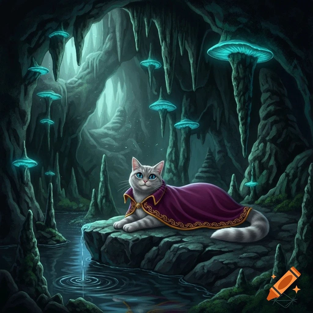 A gray cat in a purple robe lies on a rock in a dark fantasy cave with glowing blue mushrooms and water.