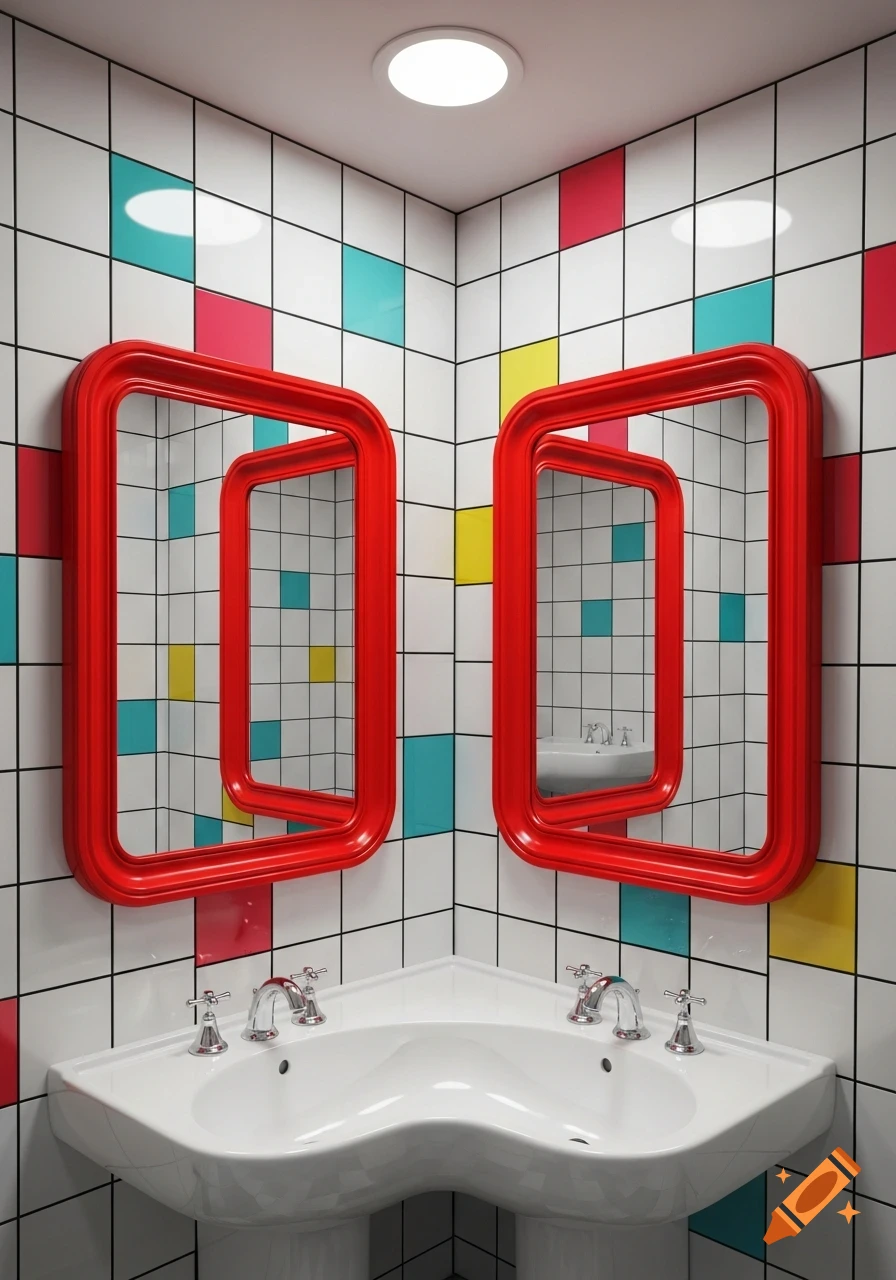 A pop art bathroom with a corner sink and two red rectangular mirrors creating an infinite reflection on tiled walls.