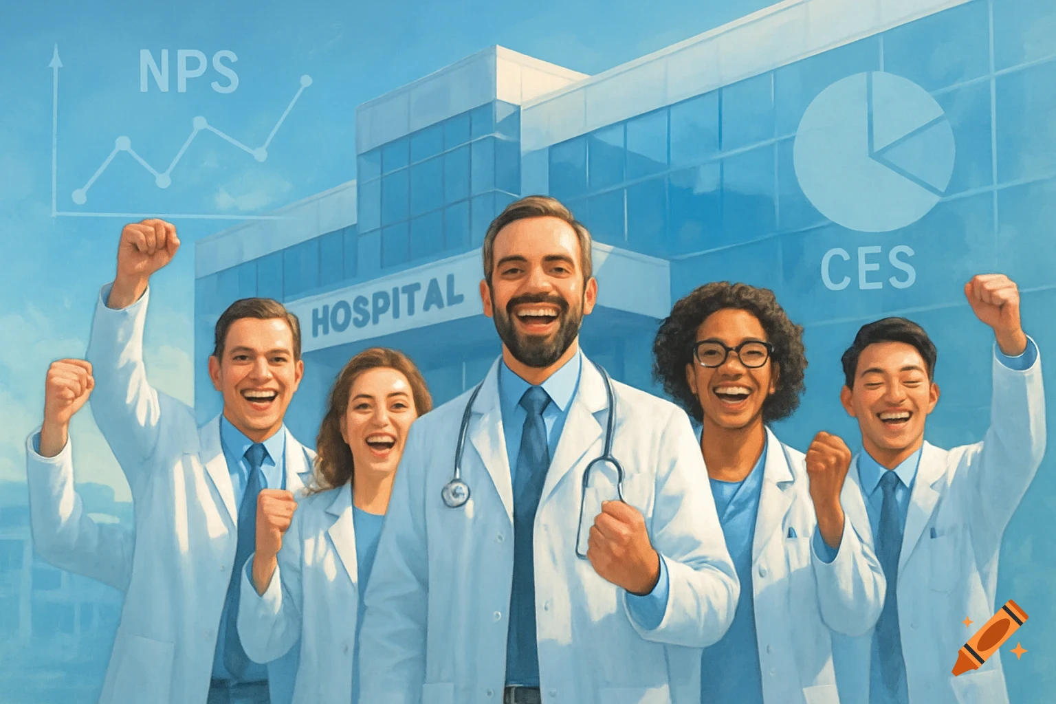 A diverse team of five happy doctors cheering in front of a modern hospital with 'NPS' trend and 'CES' pie chart graphics. Illustrated.