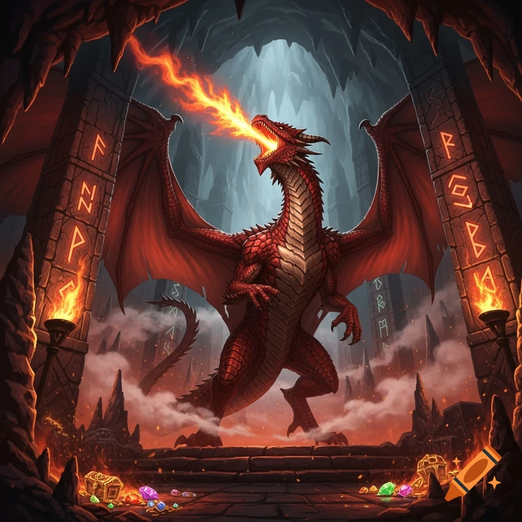 A majestic red dragon, breathing fire, stands proudly amidst treasure in a dark, cavernous lair with ancient runic pillars.