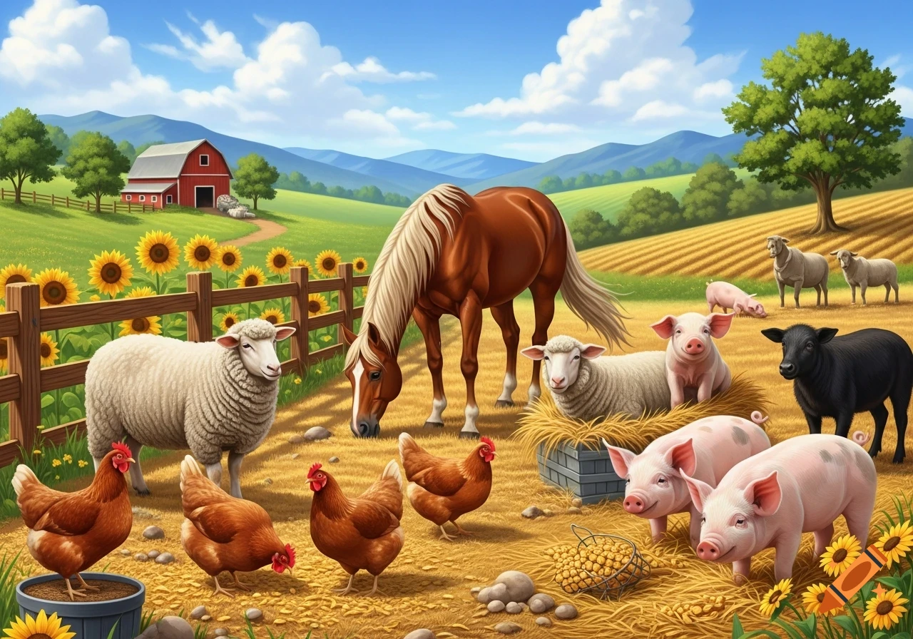 A vibrant cartoon farm scene featuring a brown horse, sheep, pigs, chickens, and a black calf in a field with sunflowers and a red barn.