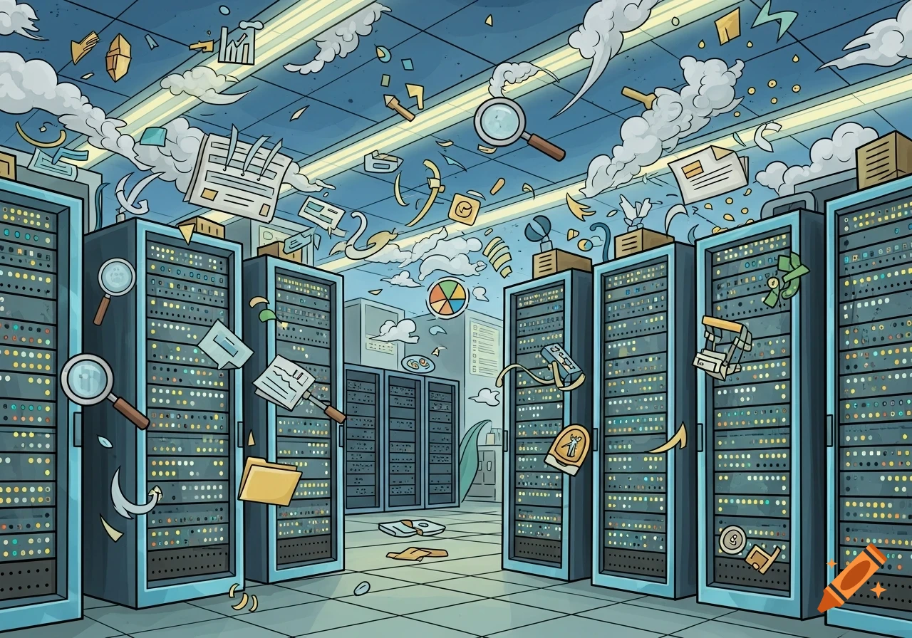 Cartoon illustration of a chaotic data center with server racks, flying papers, magnifying glasses, and data elements.