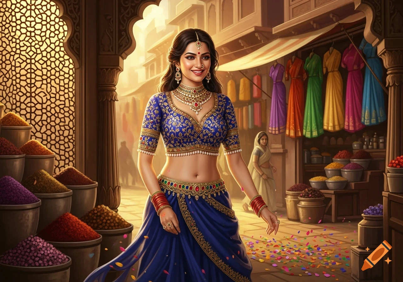 Smiling Indian woman in a blue and gold traditional choli and lehenga in a vibrant marketplace with spices and colorful fabrics.