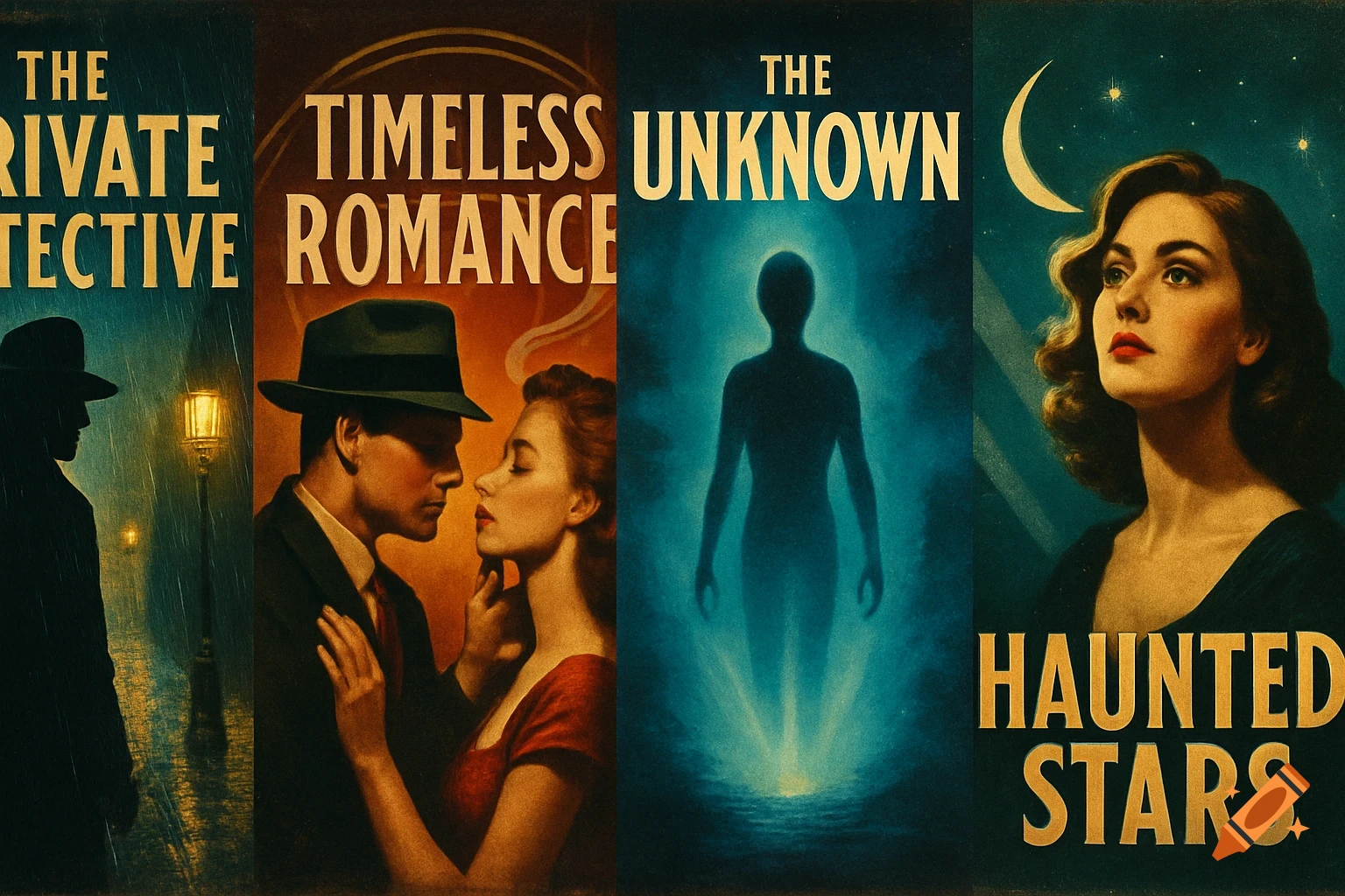 Four vintage movie poster designs: a private detective in the rain, a romantic couple, a glowing silhouette, and a woman under a crescent moon.