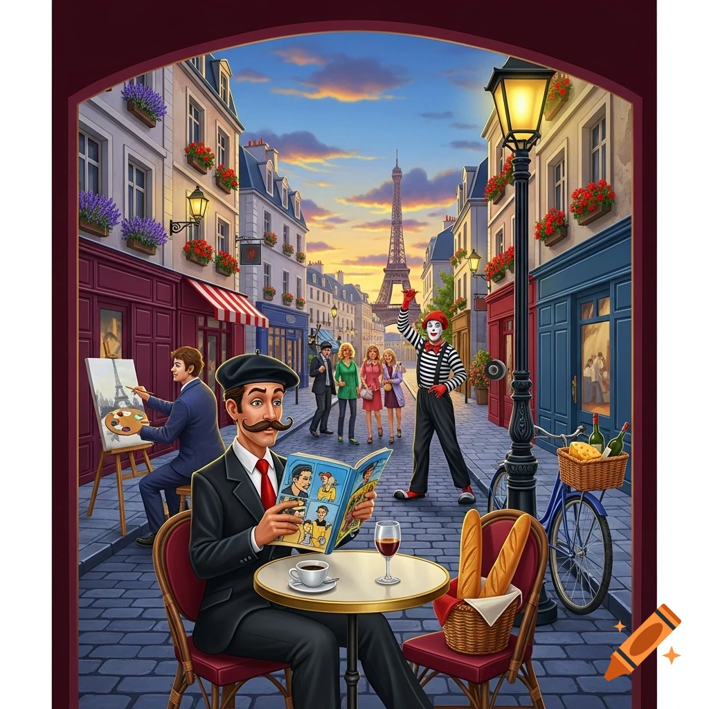 Whimsical illustration of a Parisian street scene with a man reading at a cafe, an artist painting, a mime, and the Eiffel Tower in the background.