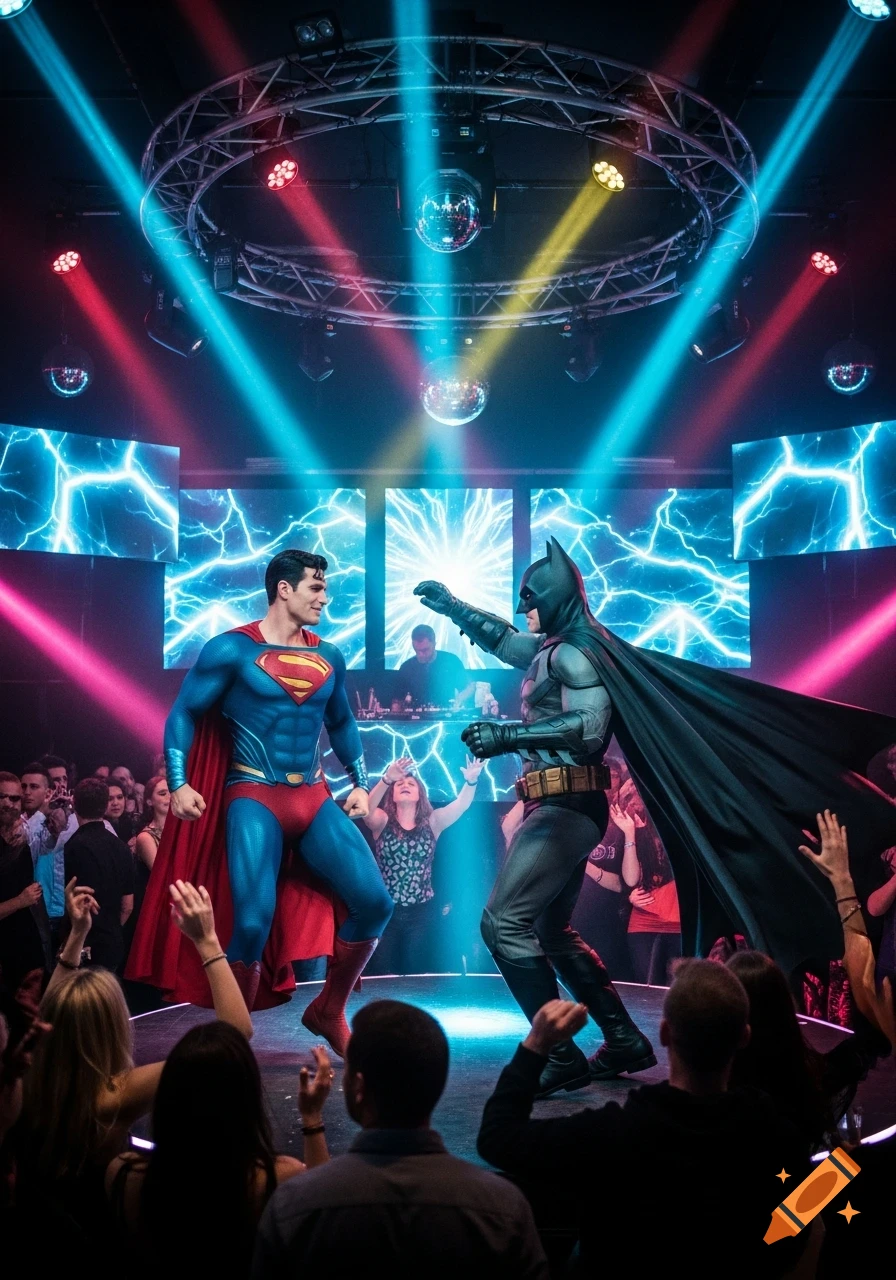 Superman and Batman dance energetically on stage in a lively nightclub with colorful lights and disco balls, surrounded by a cheering crowd.