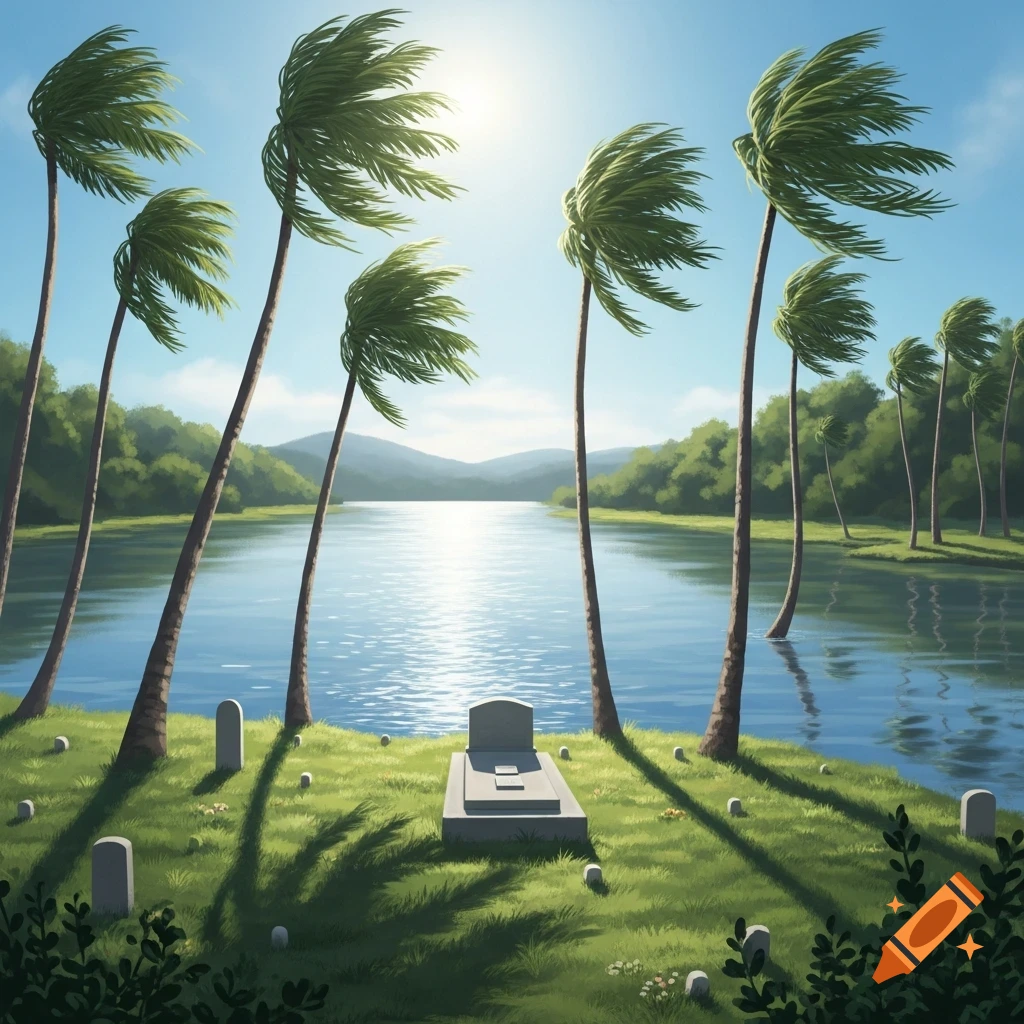 Illustrated scene of a peaceful cemetery by a river with tall palm trees, gravestones, and bright sunlight reflecting on the water.