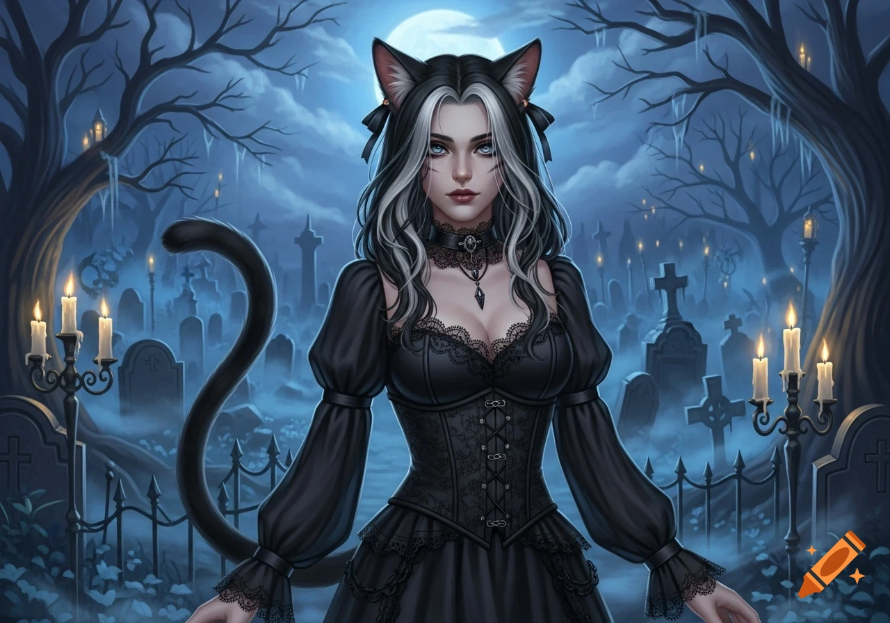 Gothic catgirl woman with black and white hair, cat ears, and a tail, wearing a black dress in a misty graveyard under a full moon.