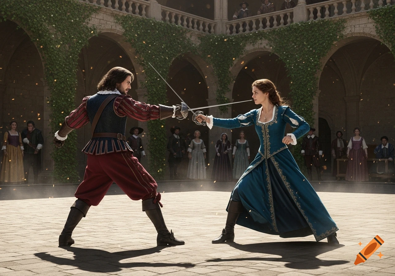 A man and a woman in historical musketeer attire engage in a dramatic rapier duel in a sunlit courtyard.