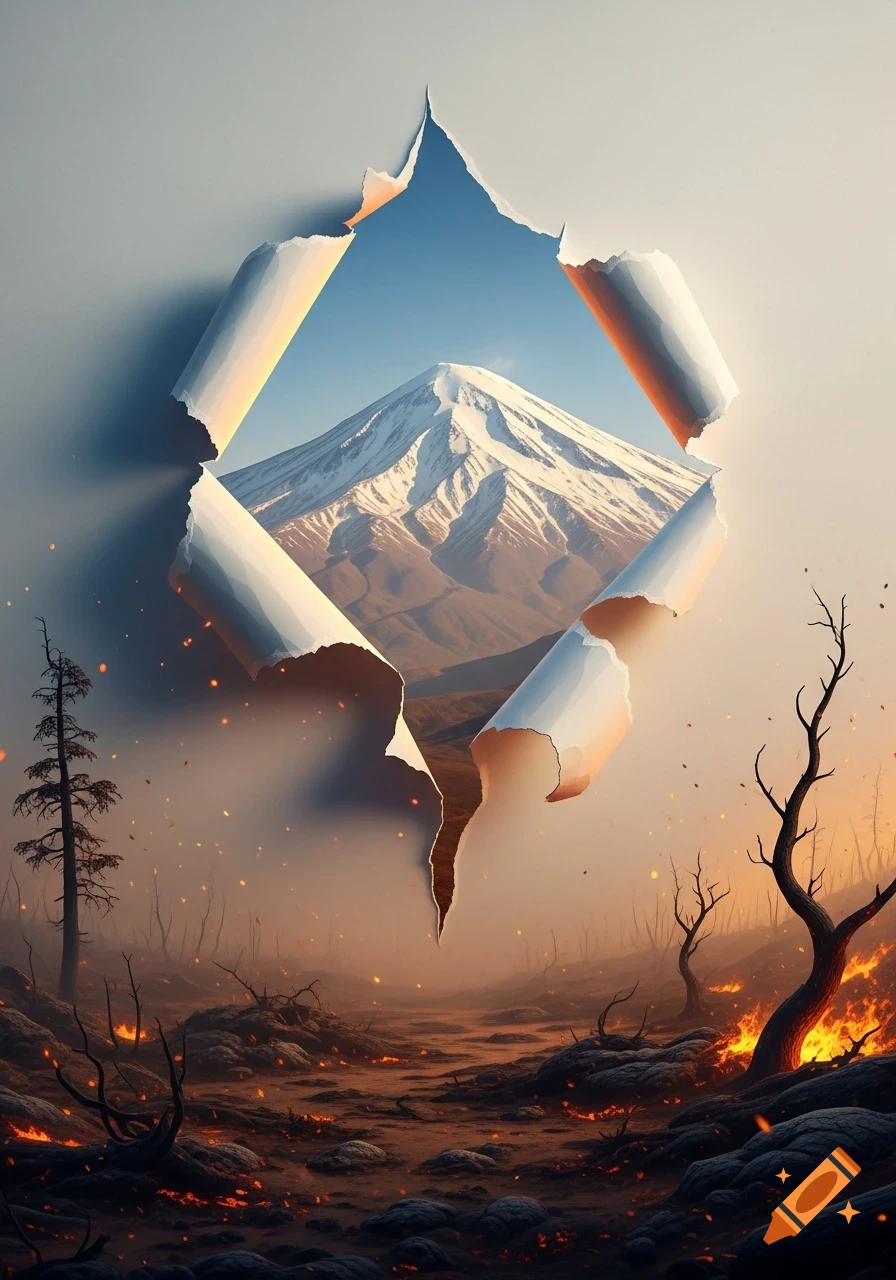 A snowy mountain seen through a diamond-shaped tear in paper, surrounded by a dark, burning, and destroyed landscape with bare trees.
