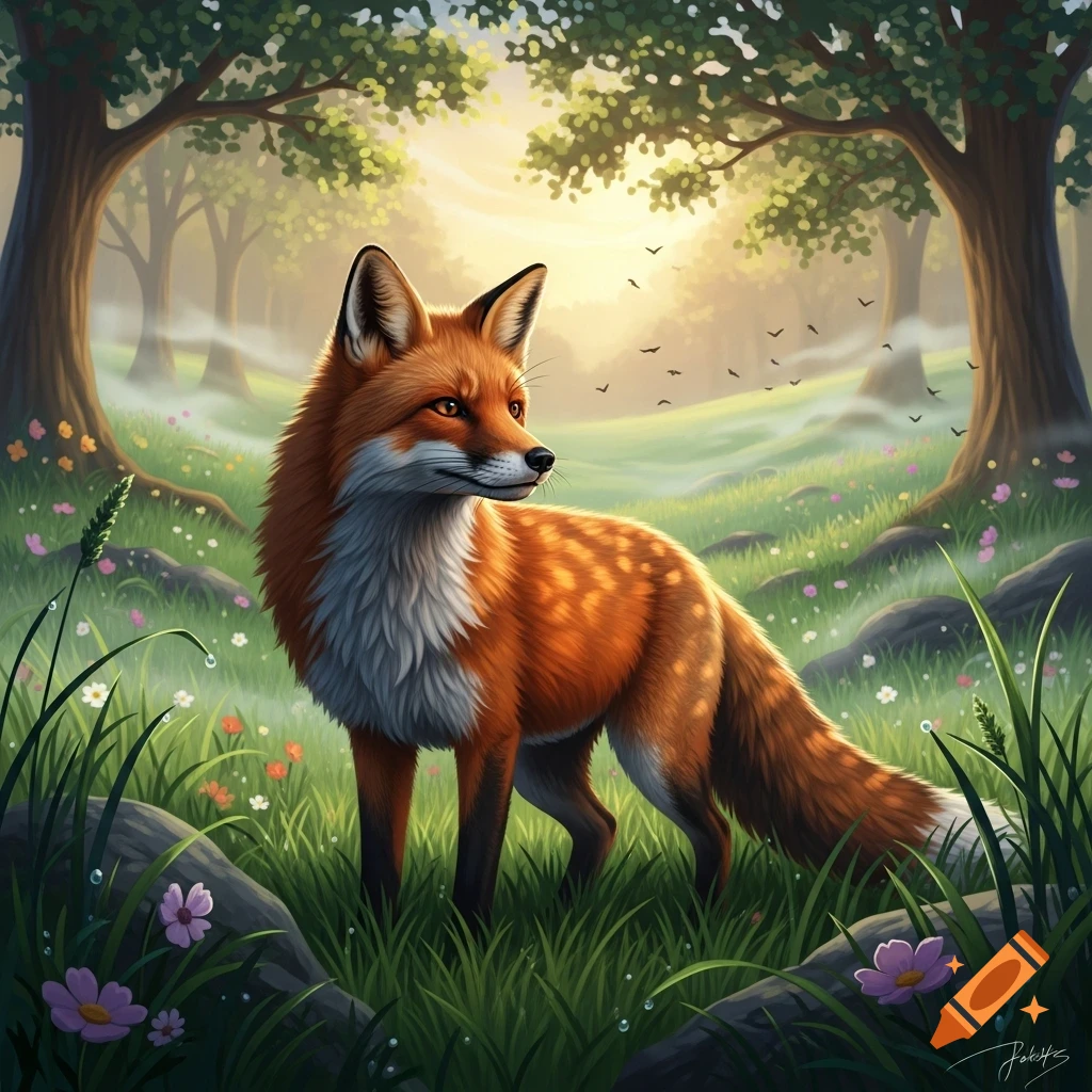 A red fox with white markings stands in a bright, lush forest clearing ...
