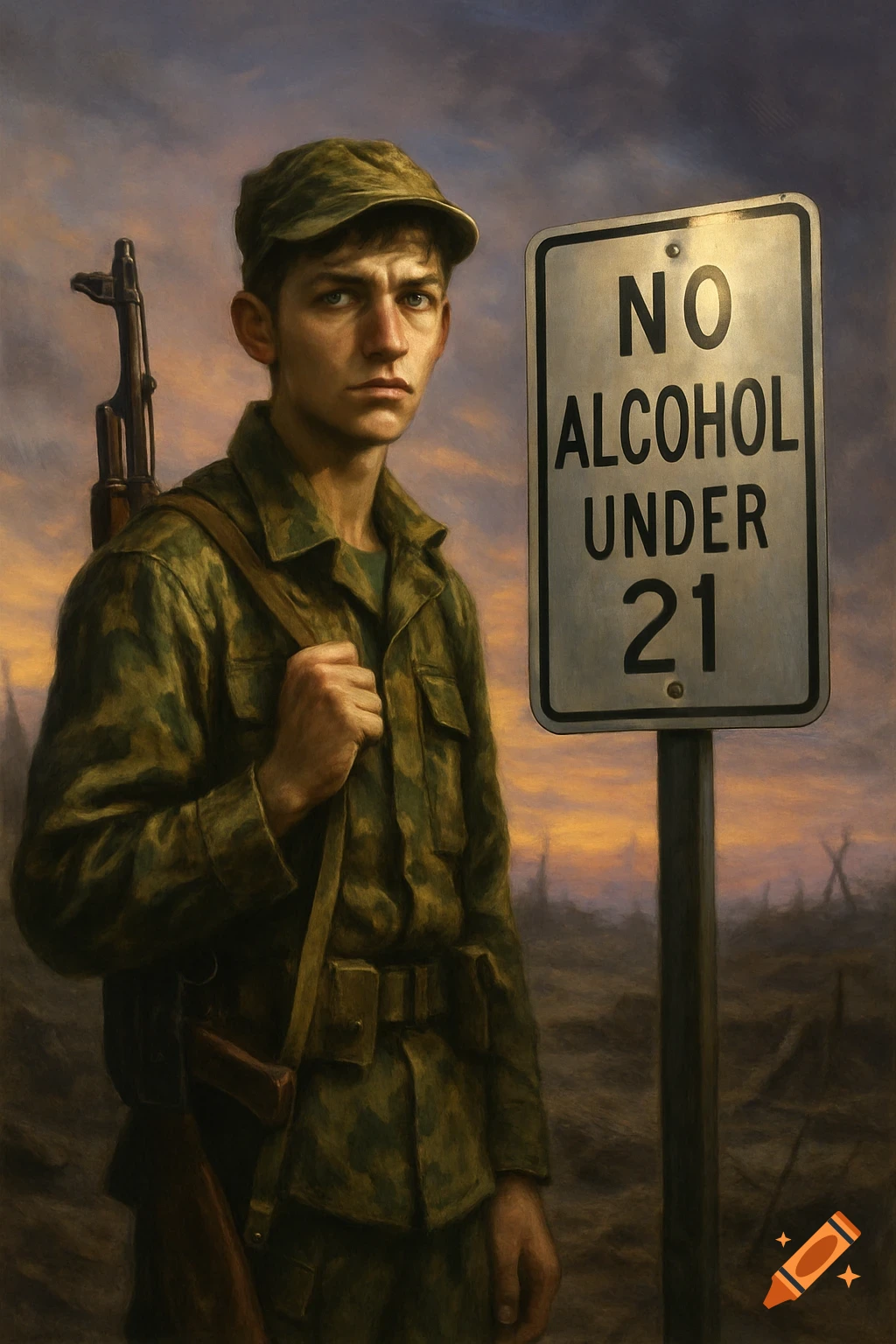 A young soldier in camouflage with a rifle stands next to a 'NO ALCOHOL UNDER 21' sign in a desolate, painterly landscape at dusk.
