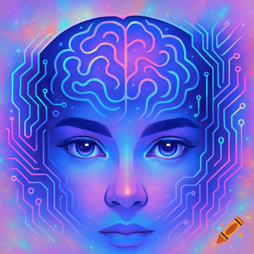 Digital art of a stylized human head with glowing blue and pink circuit patterns, symbolizing a brain, against a cosmic backdrop.