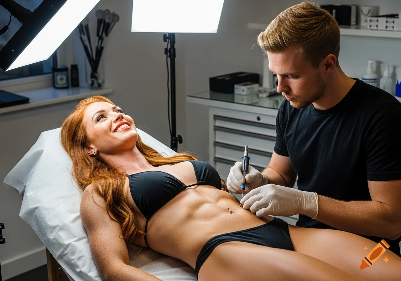 A smiling ginger fitness model in a black bikini on a stretcher, as a man prepares a navel piercing in a studio. Photorealistic.