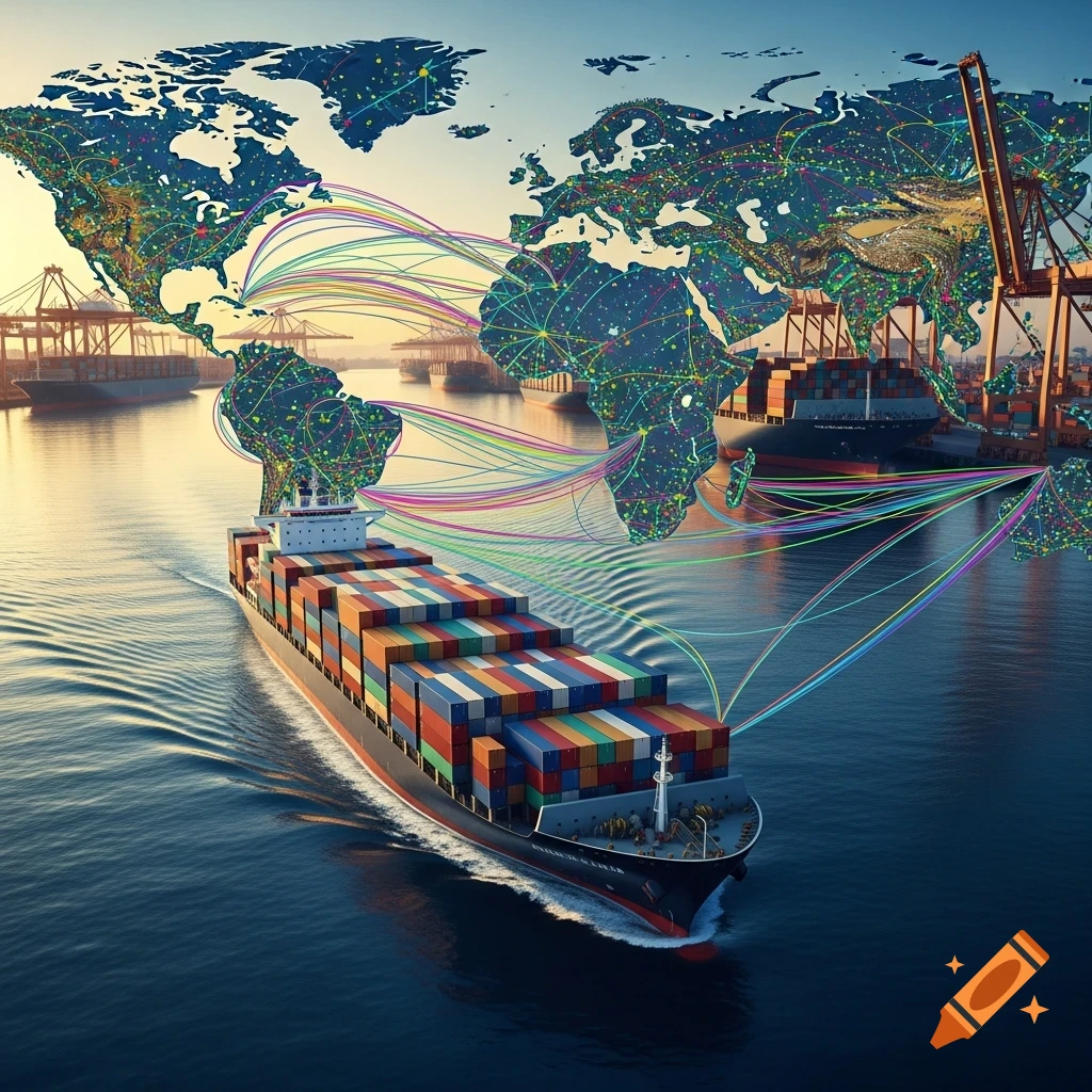 Container ship with colorful cargo sails on water, connected by glowing lines to a stylized world map, with a port in the background at sunset.
