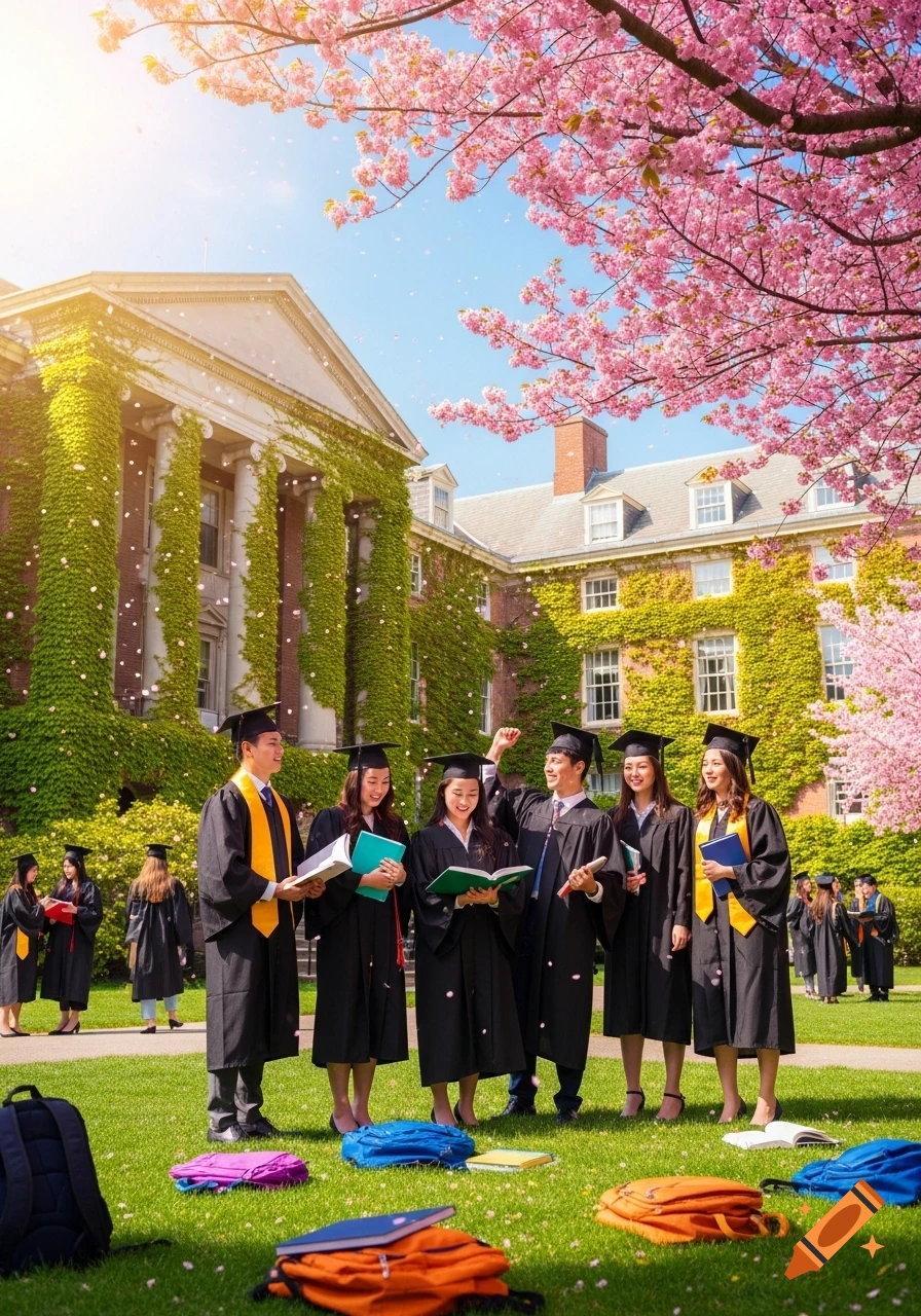Smiling university students in black graduation robes with gold stoles stand on a sunny campus lawn with falling pink cherry blossoms and an ivy-covered building.