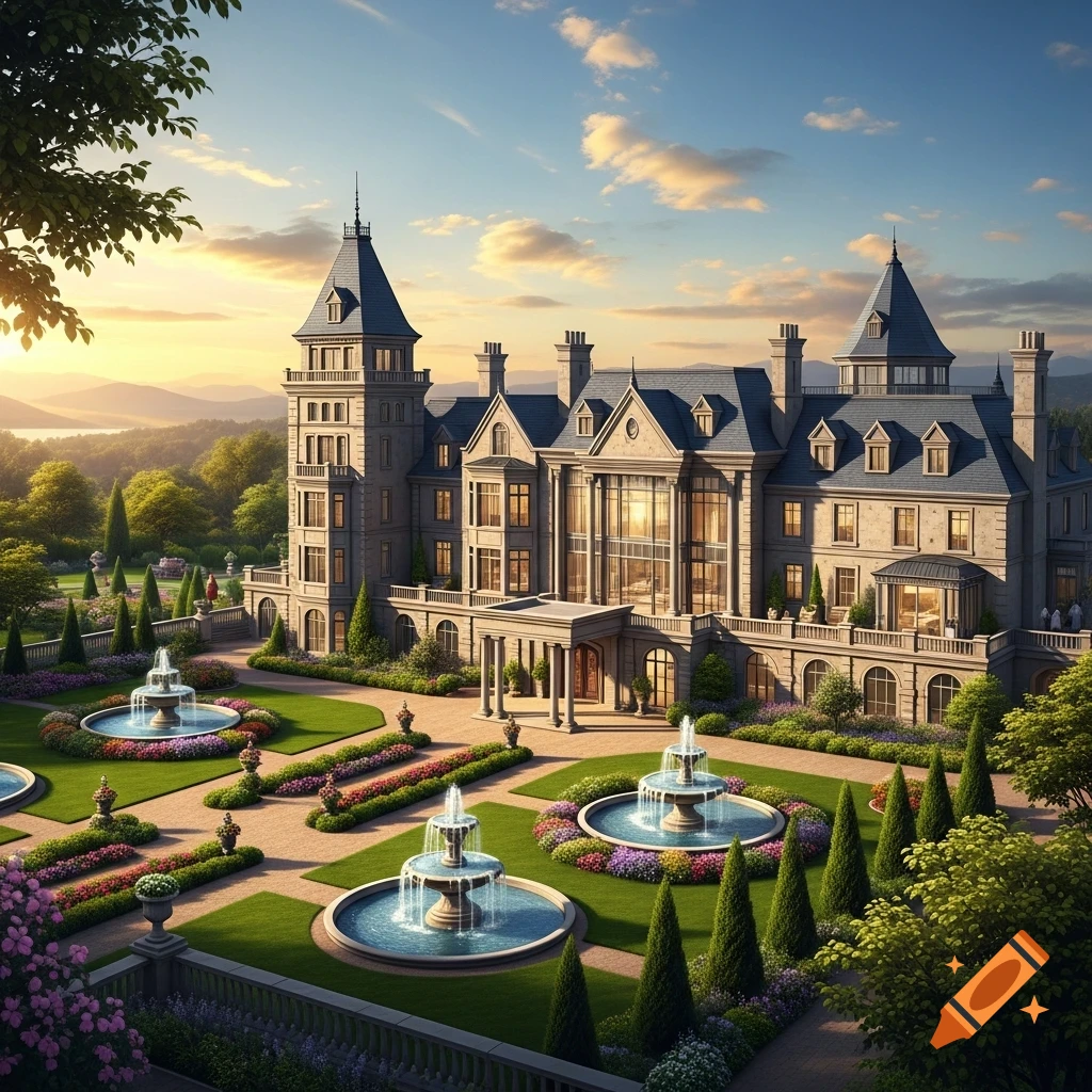 A grand, grey stone mansion with towers and large windows, surrounded by expansive landscaped gardens with fountains, under a warm sky.