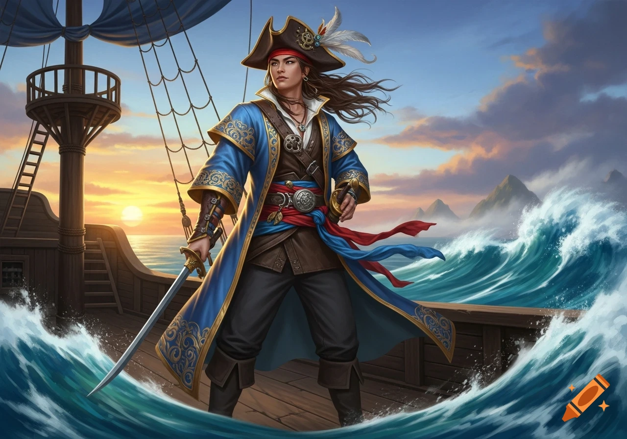 An illustrated androgynous Asian pirate stands on a ship deck, holding a sword, amidst large waves at sunset.