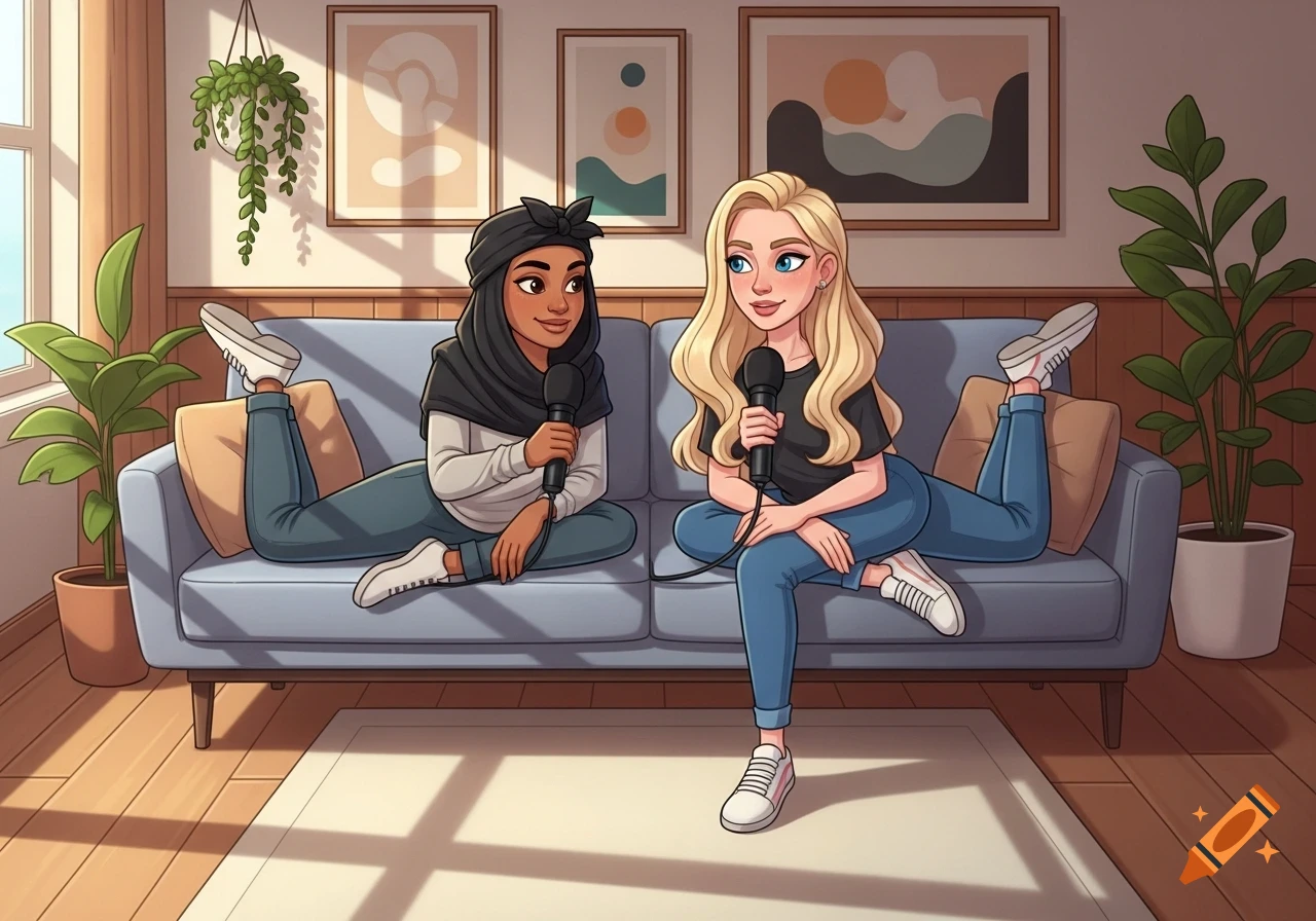 Two young women, one wearing a hijab, sit on a couch with microphones, recording a podcast in a cozy, modern living room.