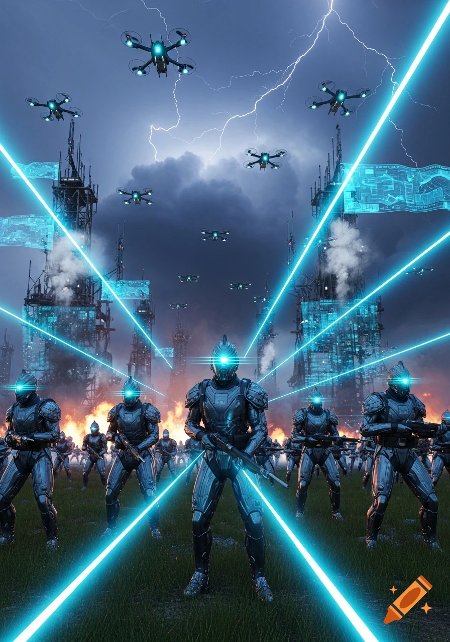Futuristic armored soldiers with glowing visors stand on a grassy field with weapons, as drones fly overhead under a stormy, lightning-filled sky. Bright blue laser beams crisscross a scene of industrial structures and distant fires.