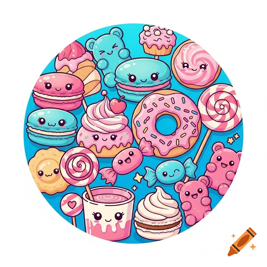 A colorful circular illustration of cute, smiling cartoon sweets like macarons, donuts, lollipops, candies, and gummy bears on a blue background.