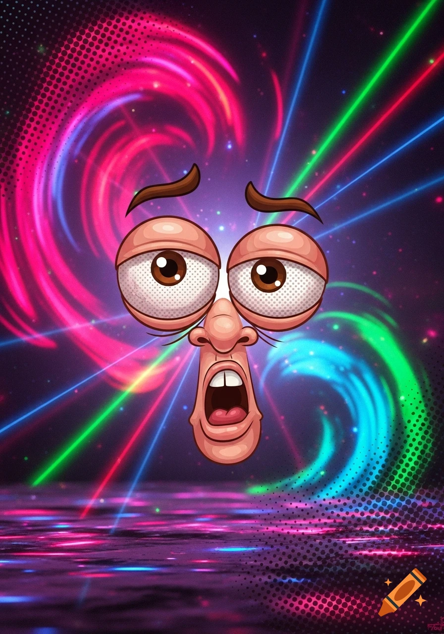 Exaggerated cartoon face with wide eyes and open mouth in a shocked expression, against a vibrant background of swirling neon lights.
