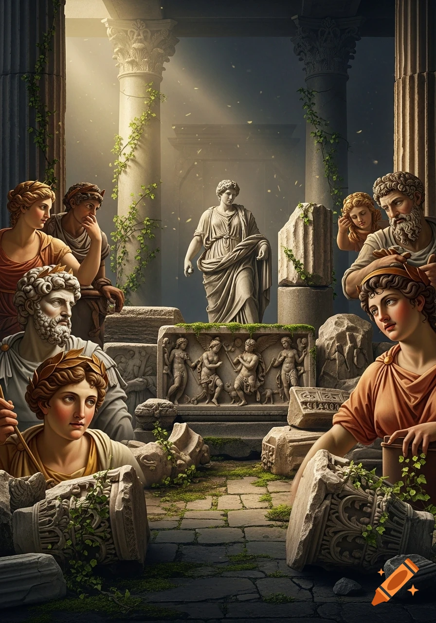 Classical figures and statues are depicted among overgrown stone ruins with columns and fallen debris, bathed in sunlight.
