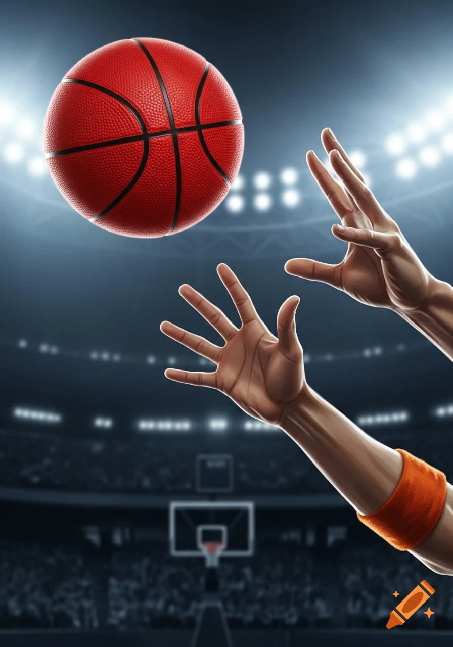 A red basketball floats in the air above two hands reaching up to grab it, set against a blurred backdrop of a brightly lit stadium.