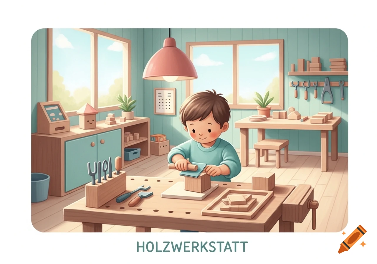 A cartoon child sands a wooden block at a workbench in a bright, pastel-colored woodworking workshop filled with tools.