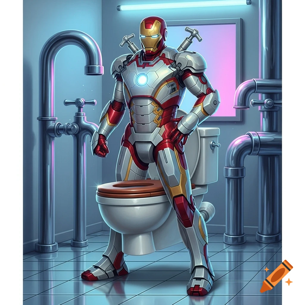 Iron Man suit, modified with plumbing pipes, standing in a stylized bathroom behind a toilet. Digital art.