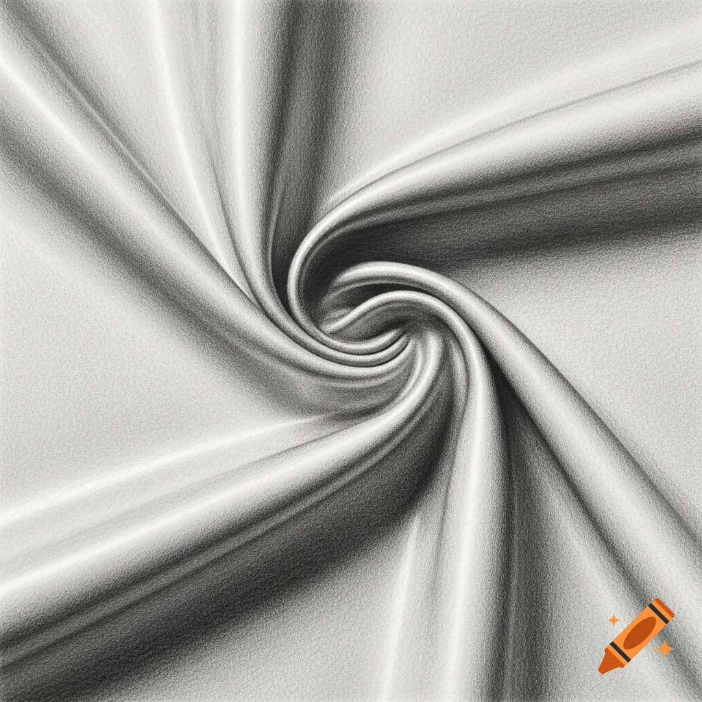 A realistic black and white pencil drawing of fabric swirling and folding into itself.