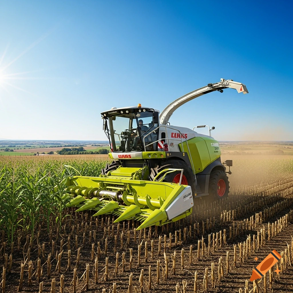 A large green and white Claas combine harvester works in a sunny cornfield under a clear blue sky, kicking up dust.