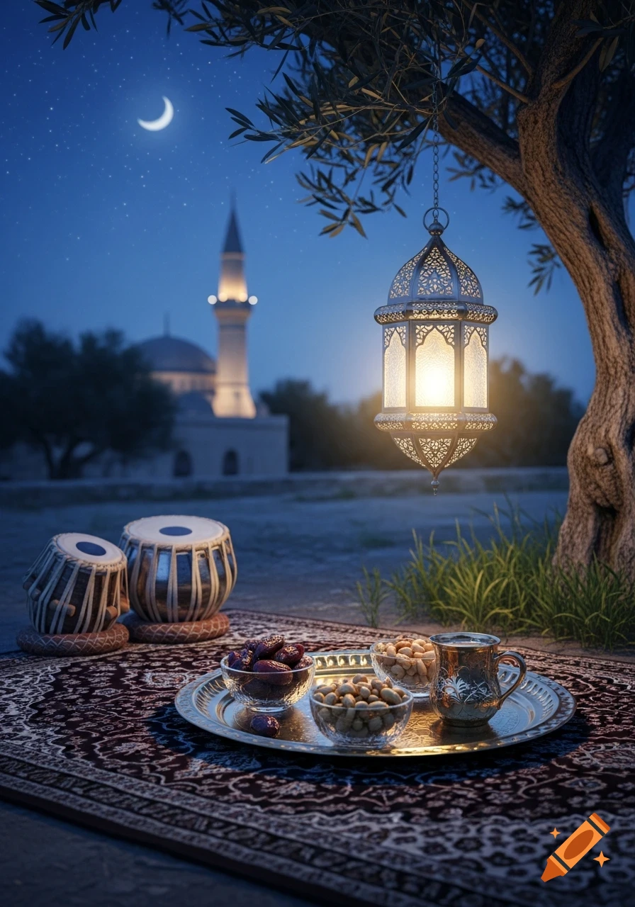 A serene night scene with a glowing lantern hanging from an olive tree, a silver tray with dates and nuts on a rug, tabla drums, and a mosque with a minaret under a crescent moon.