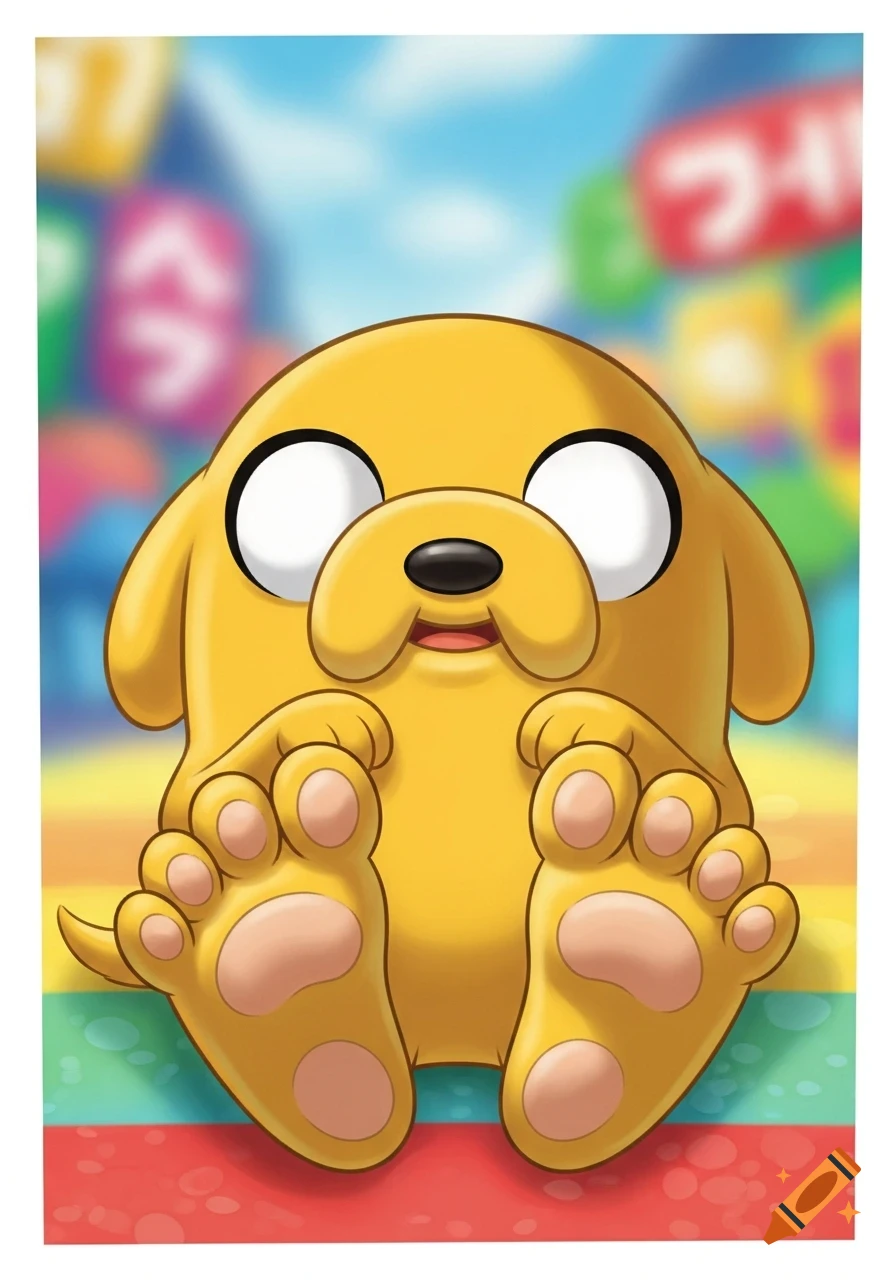 Close-up of a cute, yellow cartoon dog with large white eyes and visible paw pads, sitting on a rainbow background.