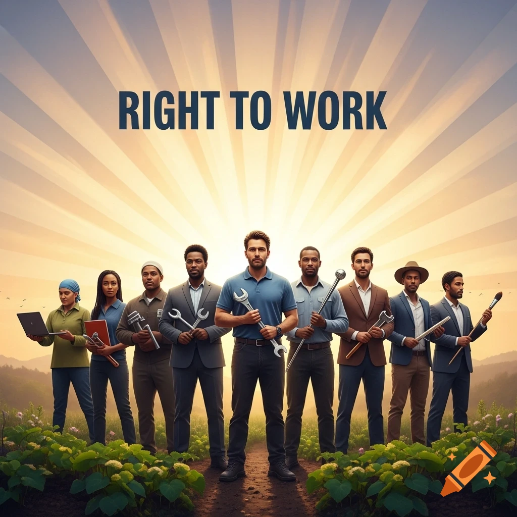 A diverse group of professionals and workers holding tools stands in a field at sunrise under the text 'RIGHT TO WORK'.
