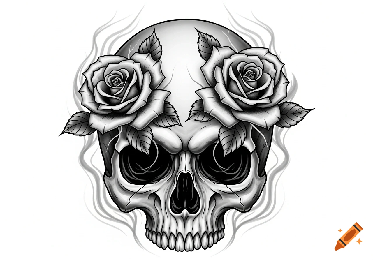 Black and white illustration of a stylized skull with two roses over its eyes, featuring smoke-like wisps.