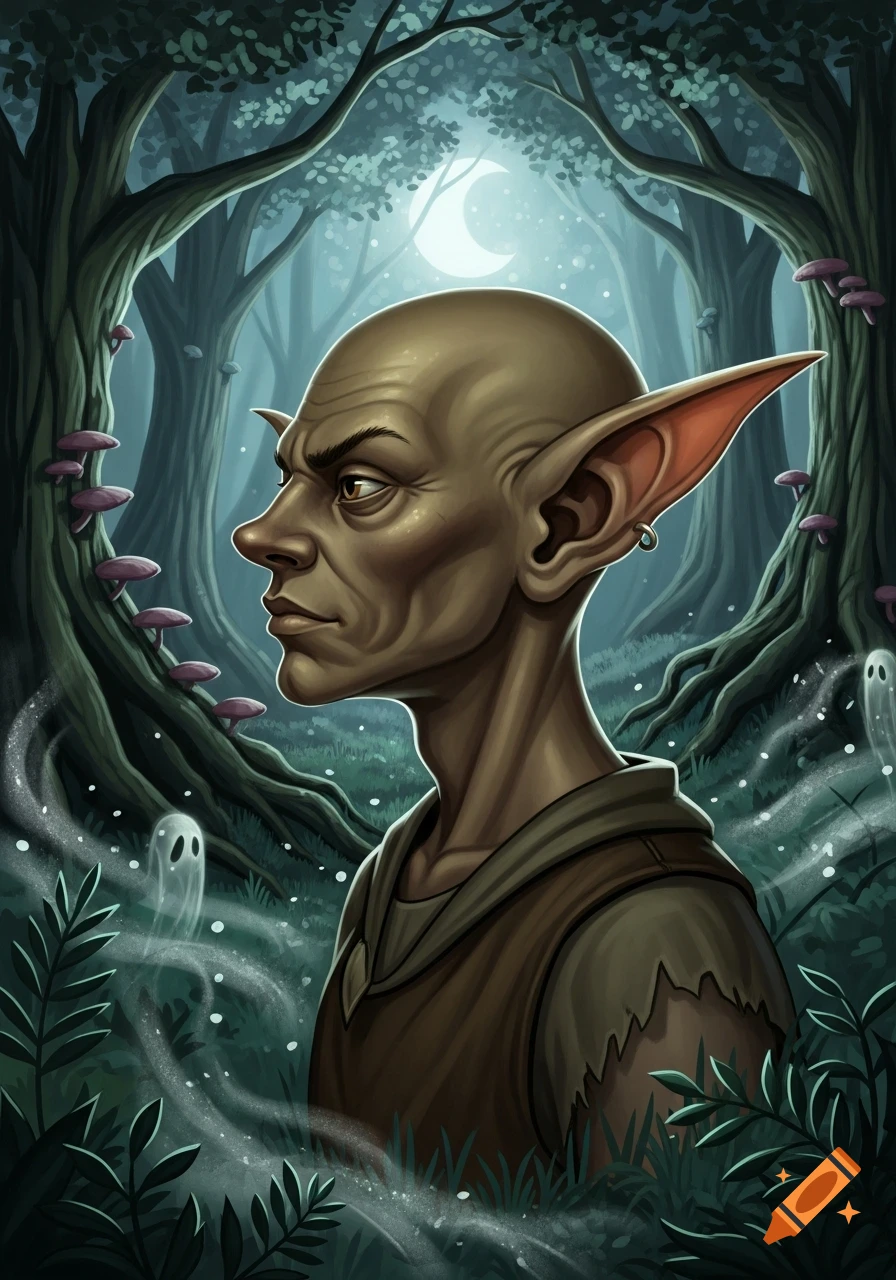 Profile of a hairless, pointy-eared goblin in a mystical moonlit forest with glowing spirits and mushrooms, fantasy art.