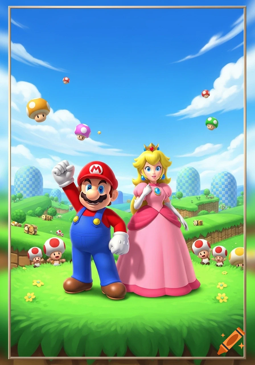 Mario and Princess Peach stand in a vibrant Super Mario Bros. landscape filled with mushrooms and power-ups.