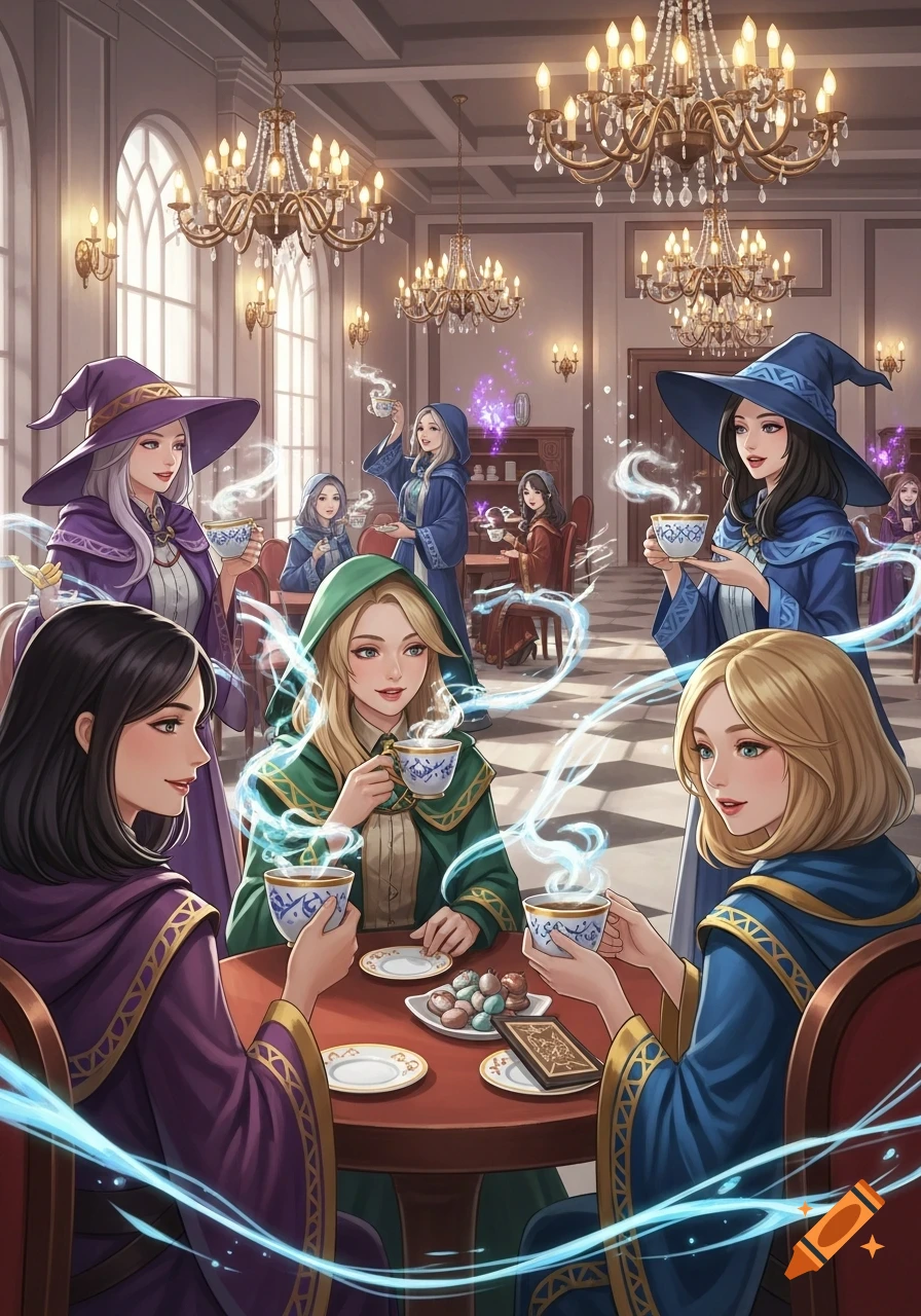 Anime-style illustration of several mage girls wearing robes and witch hats, enjoying coffee or tea in a lavish room with chandeliers.