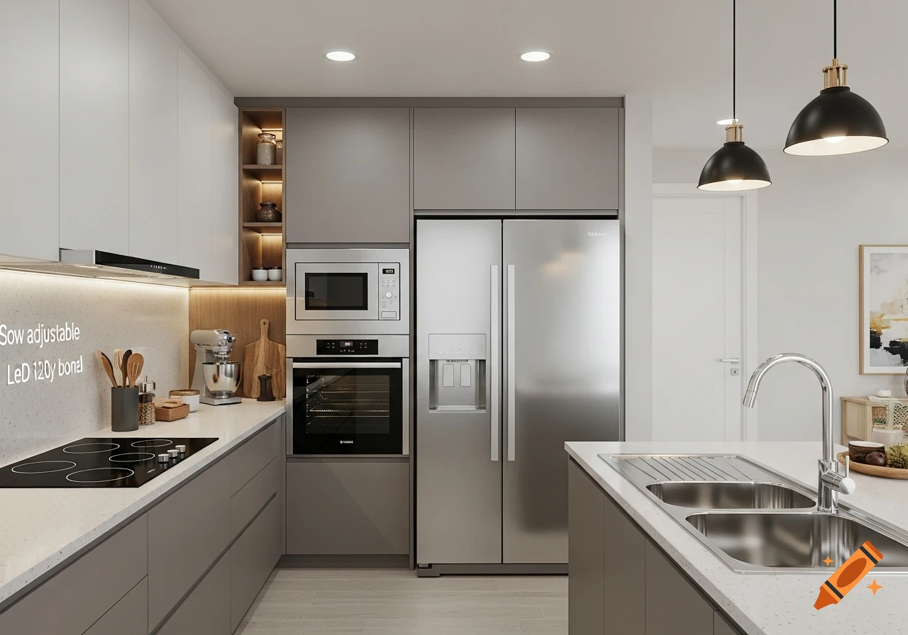 A modern kitchen with light grey and white cabinets, stainless steel appliances including a double-door fridge, oven, microwave, induction cooktop, and an island with a double sink.