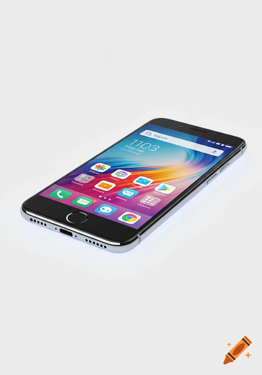 A photorealistic smartphone with a colorful screen displaying app icons and a clock, set on a white background.