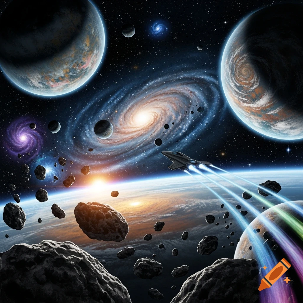 A vibrant space scene with a spaceship flying over a planet's atmosphere, surrounded by asteroids, planets, and galaxies.
